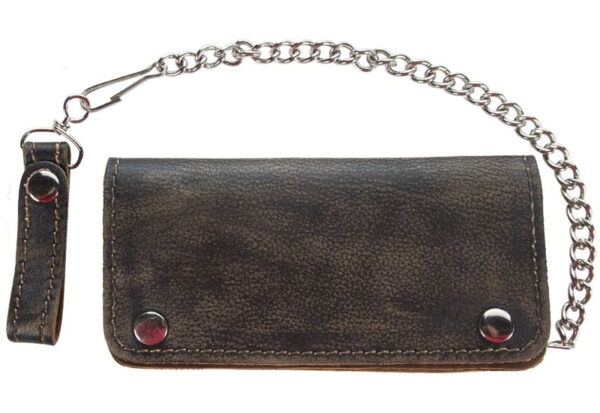 Heavy Duty Distressed Brown Leather Bifold Motorcycle Chain Wallet - Image 2