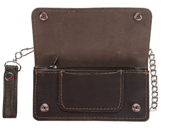 Heavy Duty Distressed Brown Leather Bifold Motorcycle Chain Wallet - Image 3