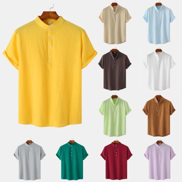 Men's Cotton Standing Collar Casual Short Sleeved T-Shirt
