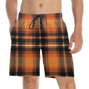 Orange Plaid Men's Mid-Length Beach Shorts